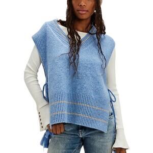 Free People Blue Striped Knit Vest One Size Tassel Tie Boho Layer Coastal